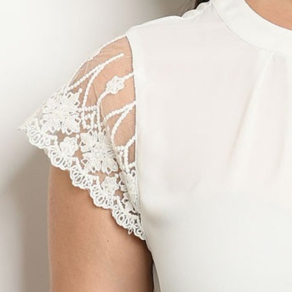 Pleat Round Neck Frill Lace Detail Chiffon Blouse - Picture 6 of 9
